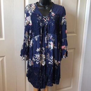 Entro Anthropologie Blue Lace Floral Print Boho Dress Sz M